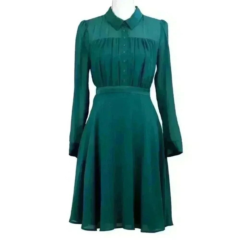 Modcloth Green Pleated Button Front A-Line Chiffon Knee Length‎ Dress Size Small